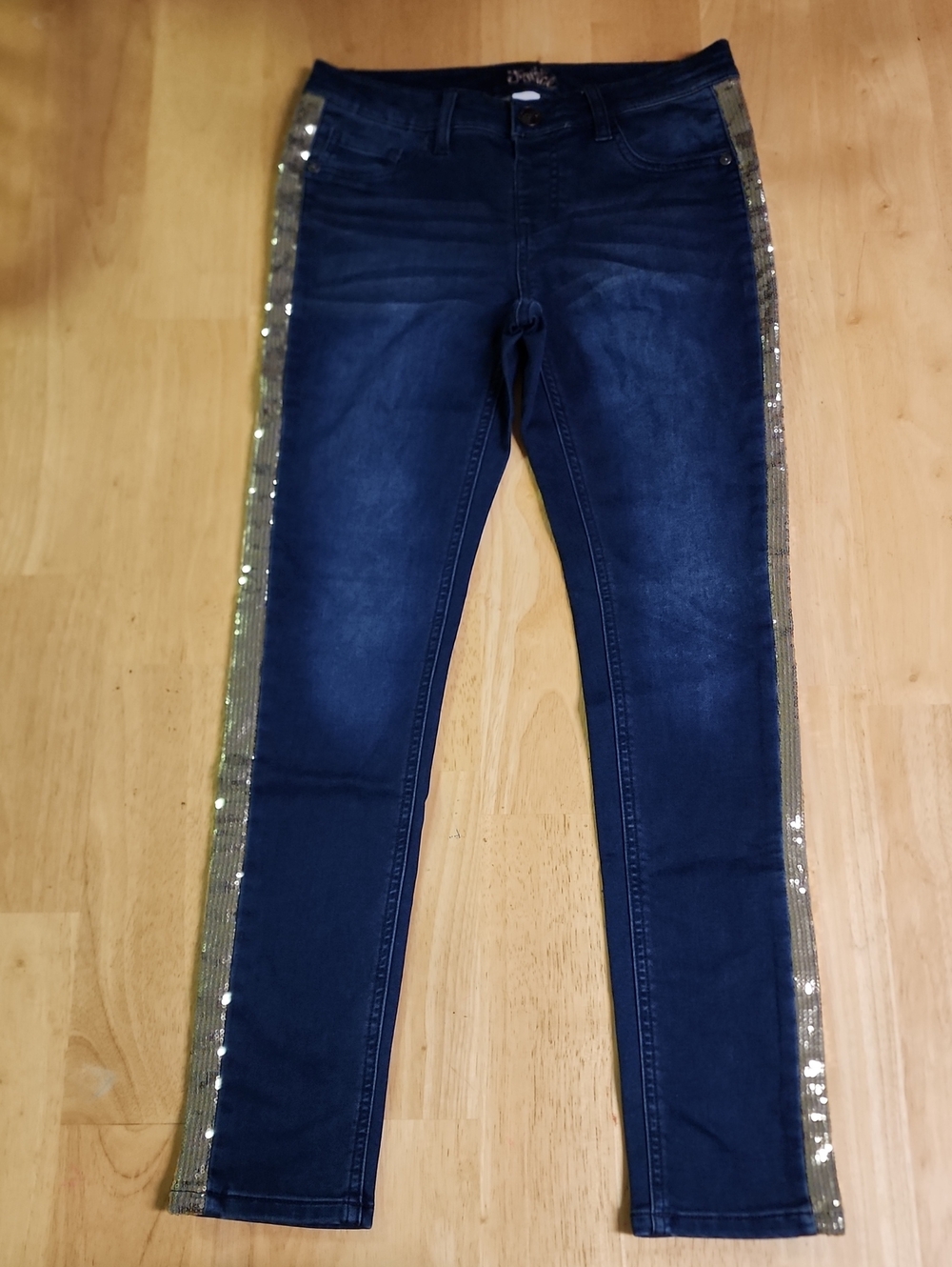 Justice Girls Size 14 Simply Low Jegging Dark Wash Gold Sequin Stripe Jeans EUC